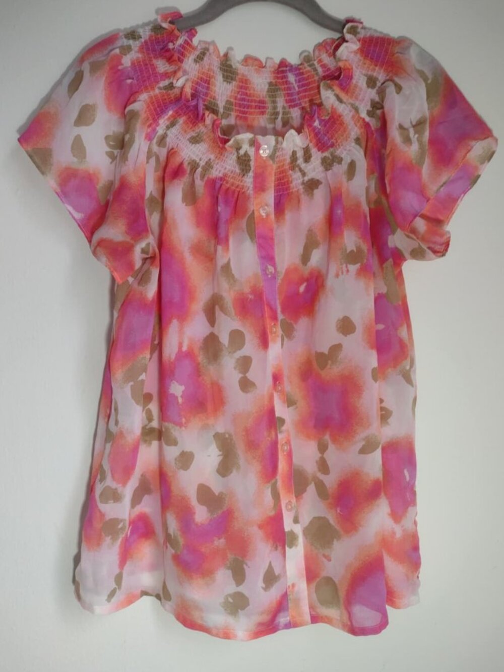 Floral peasant top smocked neck pink, orange watercolor blouse-Boho chic